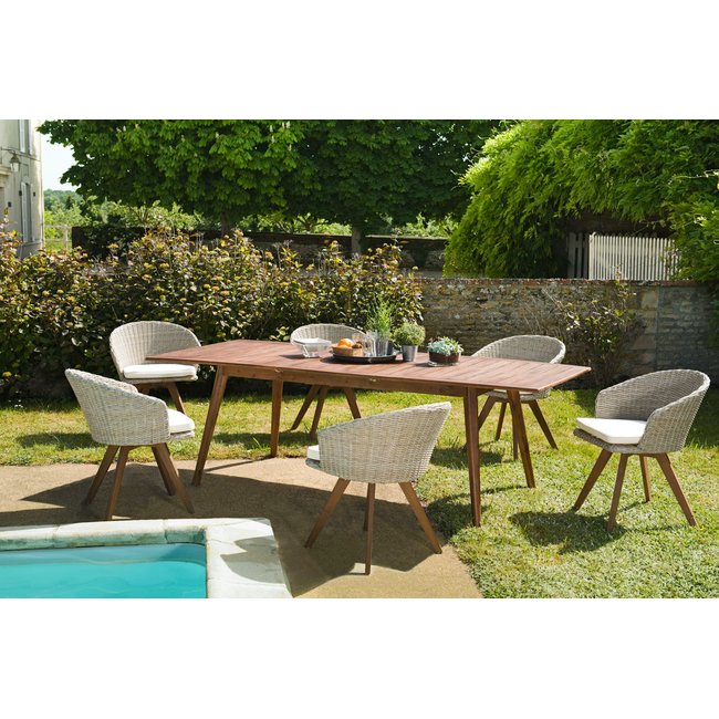 Salon de jardin bois acacia table de jardin extensible 180/240x100cm + 6 fauteuils rotin synthétique avec coussins SUMMER bois naturel <span itemprop=