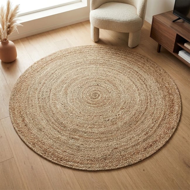 Tapis rond en jute tressé  artisanal VEGETAL JUTE - style bohème Couleur beige <span itemprop=