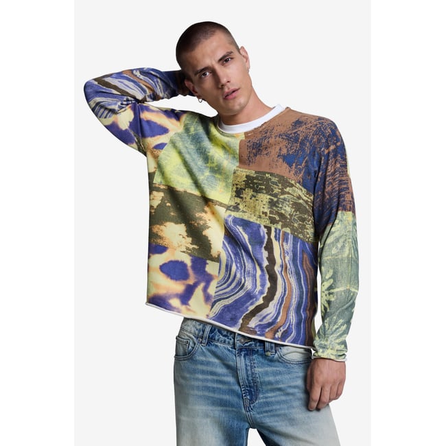 Pull imprimé patchwork vert <span itemprop=
