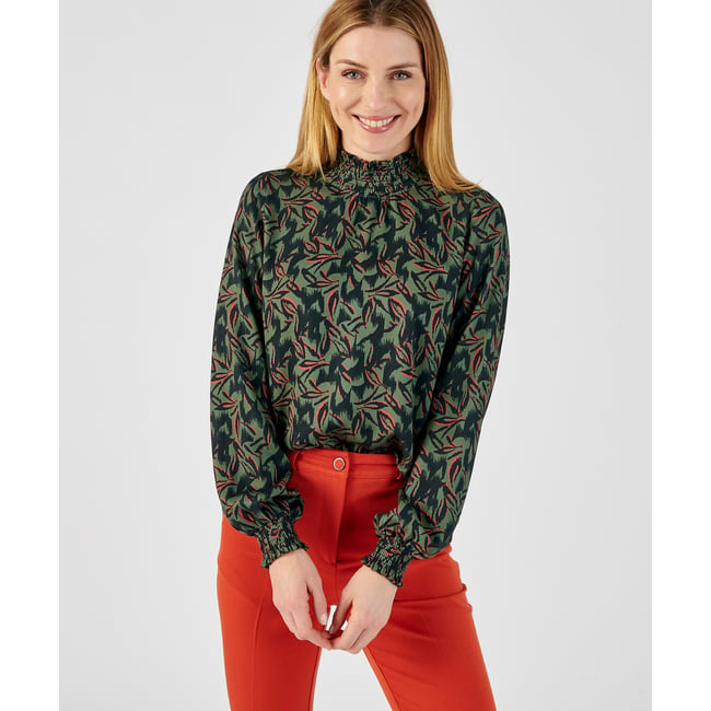 Blouse smockée pure viscose vert kaki feuillages <span itemprop=