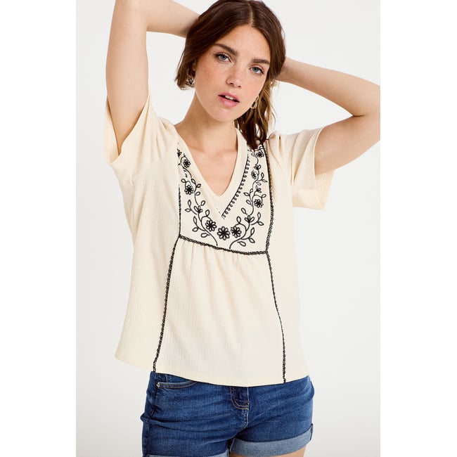 Blouse col v manches courtes ecru <span itemprop=