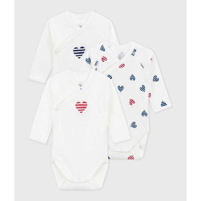 Pack of 3 Bodysuits with Long Sleeves, heart print, PETIT BATEAU