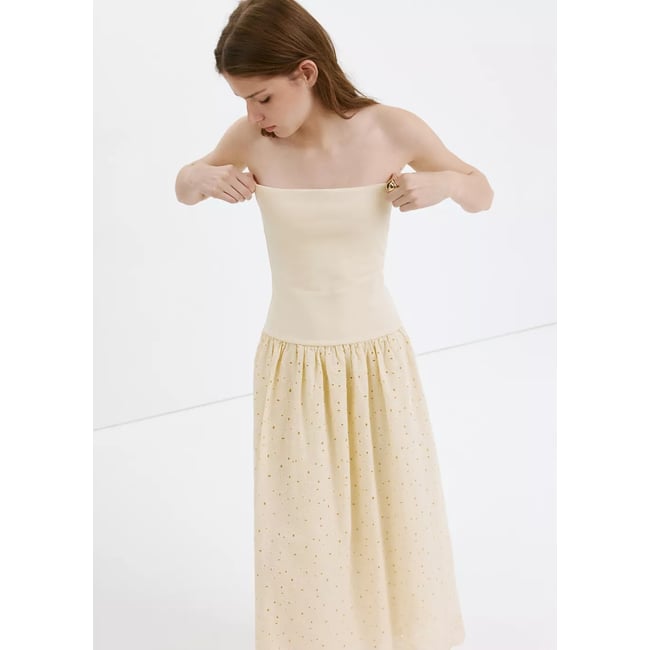 Robe bustier à broderie ajourée sable <span itemprop=