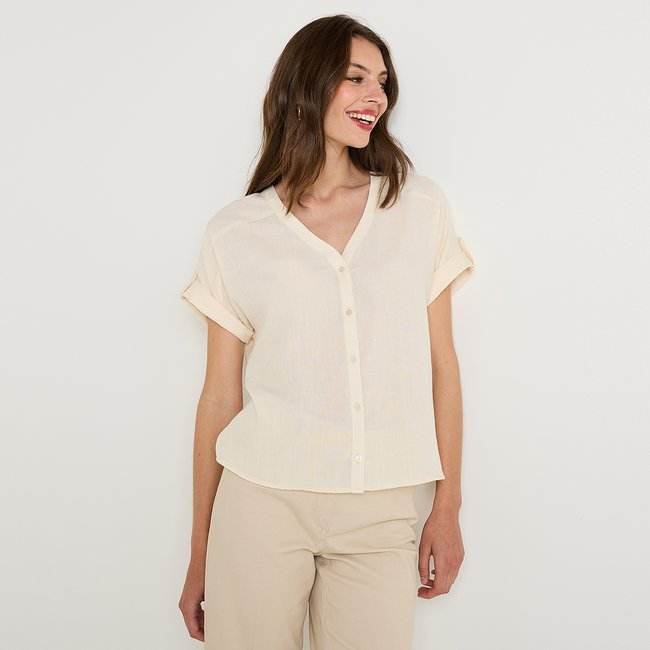 Chemise manches courtes beige <span itemprop=
