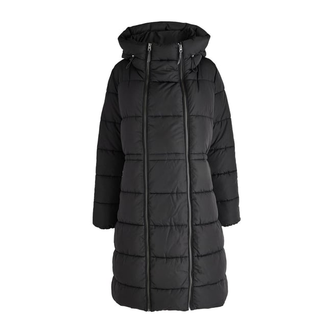 Long manteau rembourré à capuche maternité noir <span itemprop=