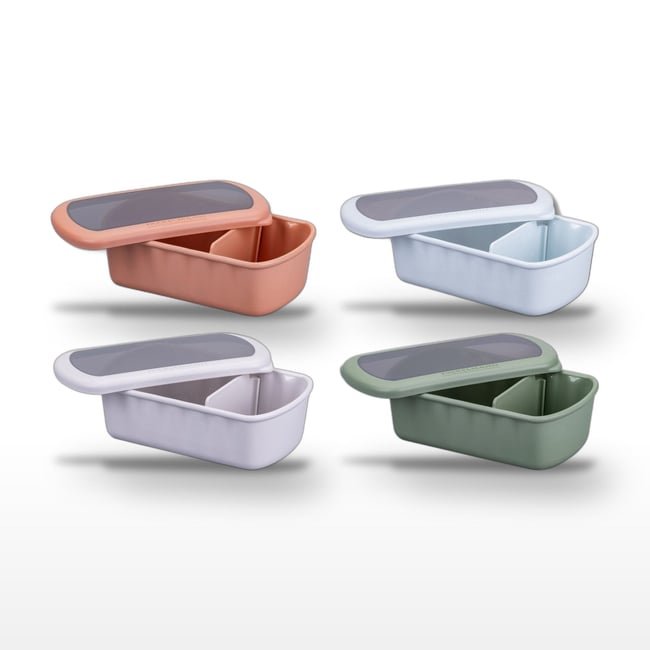Lot de 4 boîtes repas 20,5 cl avec 4 ustensiles STORAGE bleu|rouge|vert|beige <span itemprop=