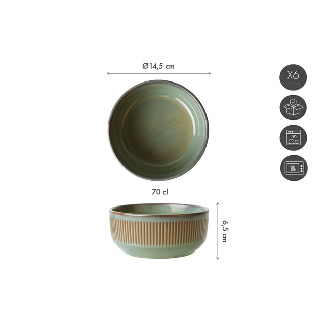 Lot de 6 bols moyens en faïence, REED Couleur vert forêt réactif <span itemprop=
