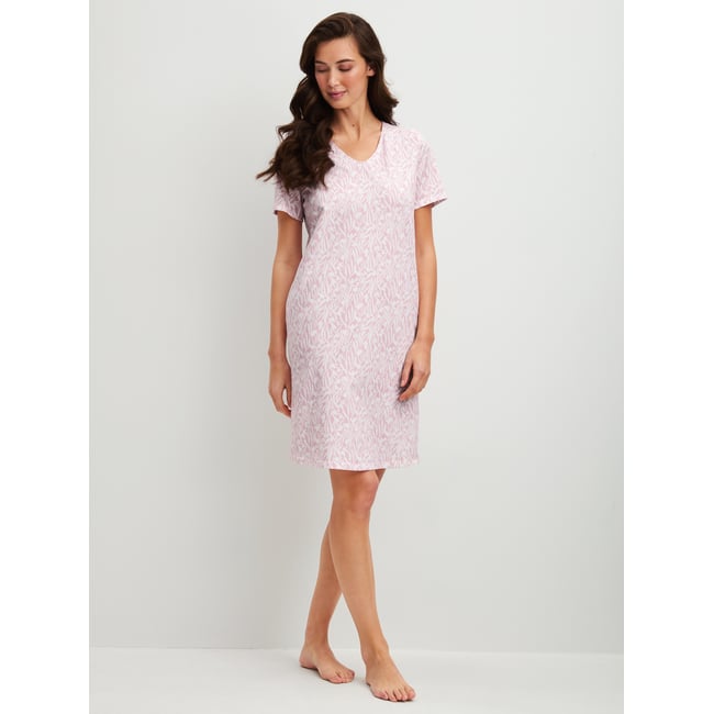 Chemise de nuit, longueur 90cm manches courtes Coton BLOOMING NIGHTS lilas parfumé <span itemprop=