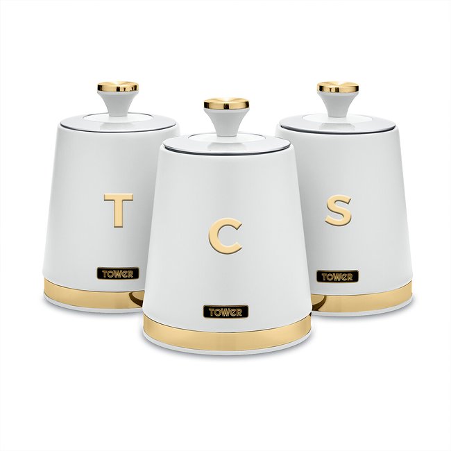 Set of 3 Cavaletto Tea Coffee Sugar Canisters, white, TOWER