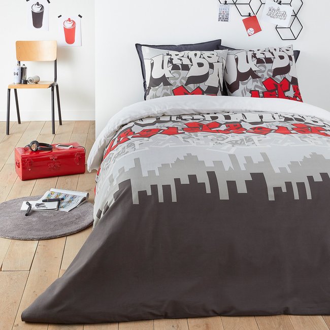 Housse de couette coton, Urban Graph gris/imprimé rouge/blanc SO'HOME