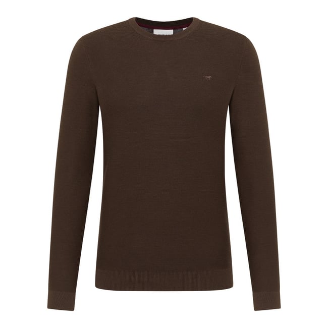 Pull en coton chocolat uni avec une coupe droite et un col rond - MUSTANG
