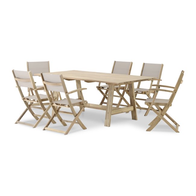 Salon de jardin, 6 chaises, JAVA LIGHT bois clair, textilène beige <span itemprop=
