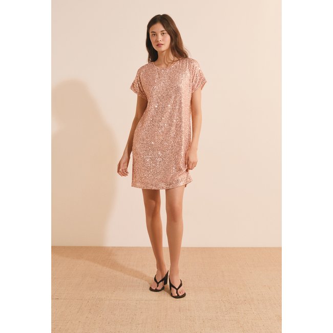 Robe courte à sequins HARMONIE saumon peche <span itemprop=