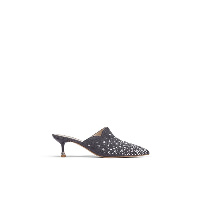 Mules en denim avec pierres fantaisie gris <span itemprop=