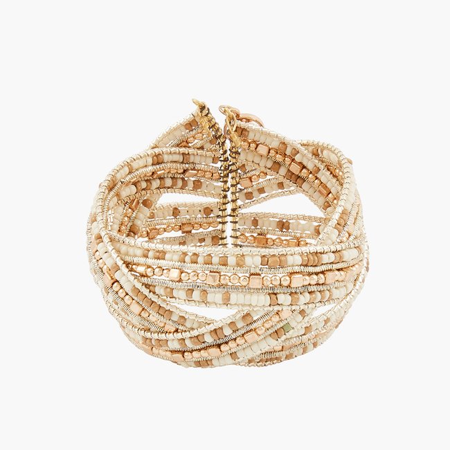 Manchette perles de rocailles blanc et doré doré <span itemprop=