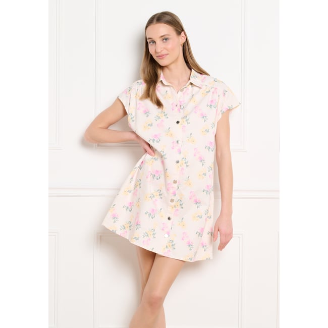 Robe chemise courte fleurie blanc casse <span itemprop=