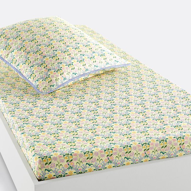 Drap housse 50% coton recyclé, Michi imprimé fleuri <span itemprop=