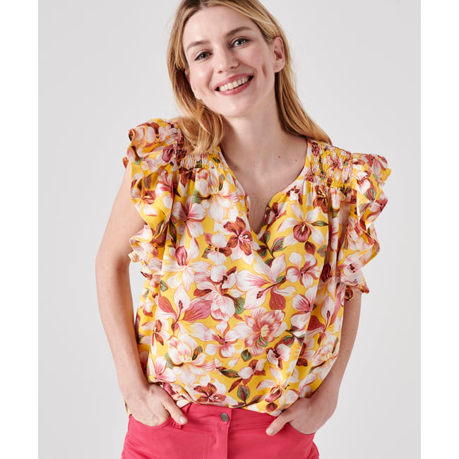 Blouse fleurie à volants jaune fleuri <span itemprop=