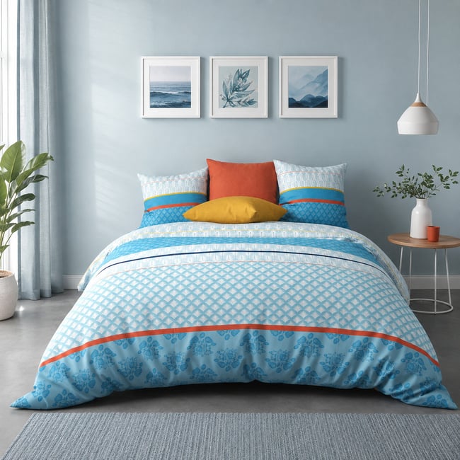 Parure housse de couette imprimée coton avec taie(s), Eva Blue design <span itemprop=