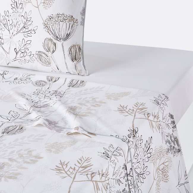 Drap plat coton, Romarin imprimé fond blanc <span itemprop=