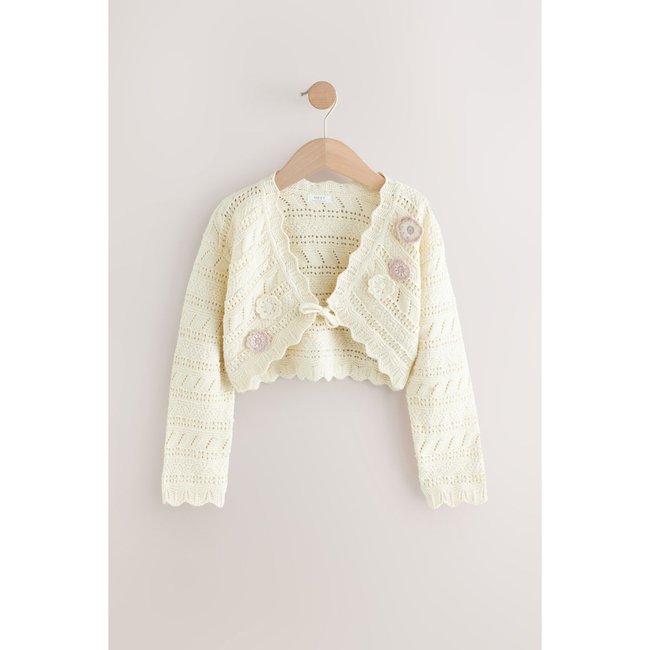 Cardigan style boléro chic en crochet écru <span itemprop=