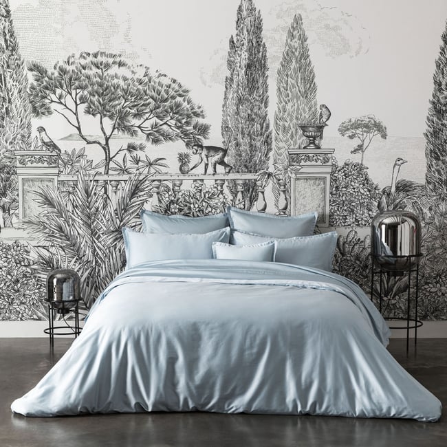 Parure de lit unie en satin de coton bio, taies rectangles, TEOPHILE bleu baltique <span itemprop=