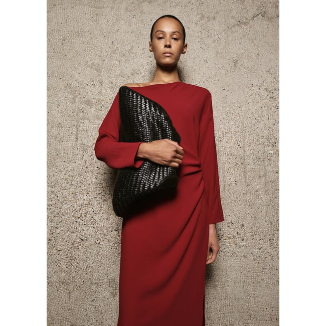 Robe col bateau froncée rouge <span itemprop=