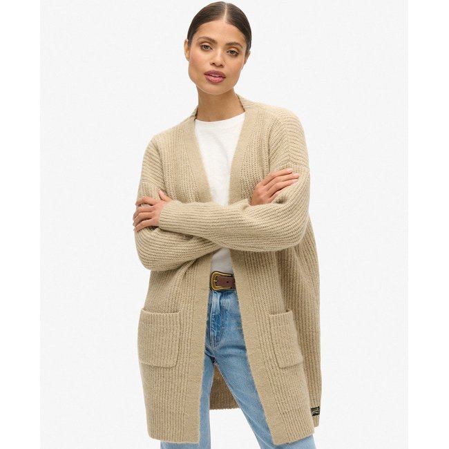 Cardigan long en maille Essential marron caramel <span itemprop=