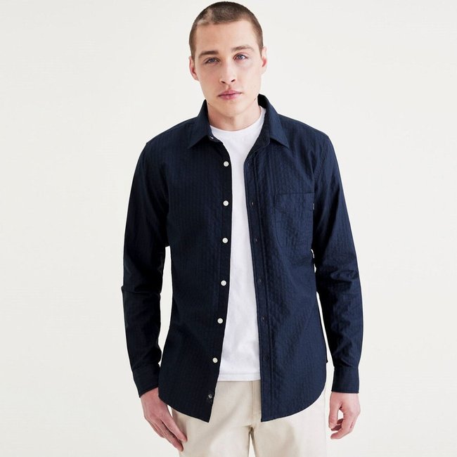 Camisa slim, mangas compridas azul <span itemprop=
