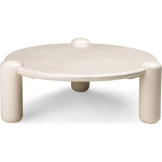 Table basse ronde effet marbre collection NORREL Couleur beige clair effet marbre brillant <span itemprop=