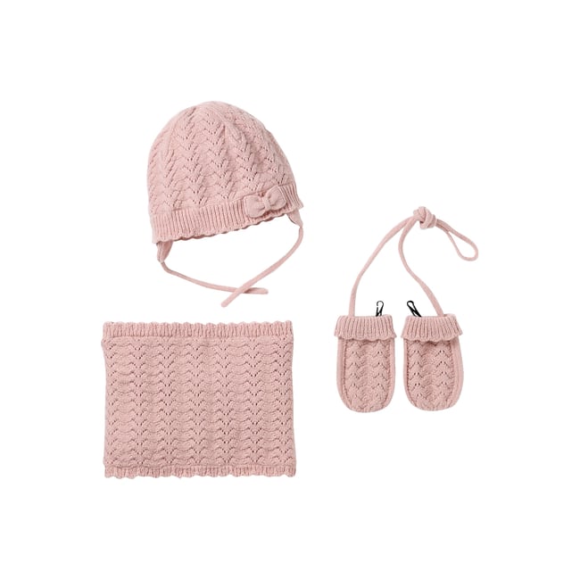 Ensemble bonnet, snood et moufles rose poudré <span itemprop=
