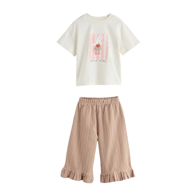 Ensemble t-shirt et pantalon large volanté lapin blanc écru <span itemprop=