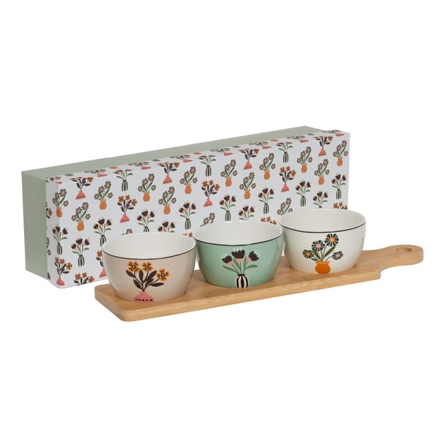 Coffret apéritif 3 bols 25cl Bloom en porcelaine décorée Couleur crème / ivoire <span itemprop=