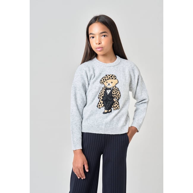 Pull fille maille douce motif ourson SWEATBEAR light grey mel <span itemprop=
