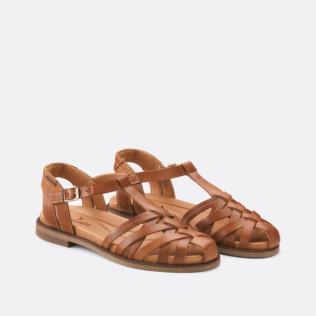 Sandales plates en cuir Navia cognac <span itemprop=