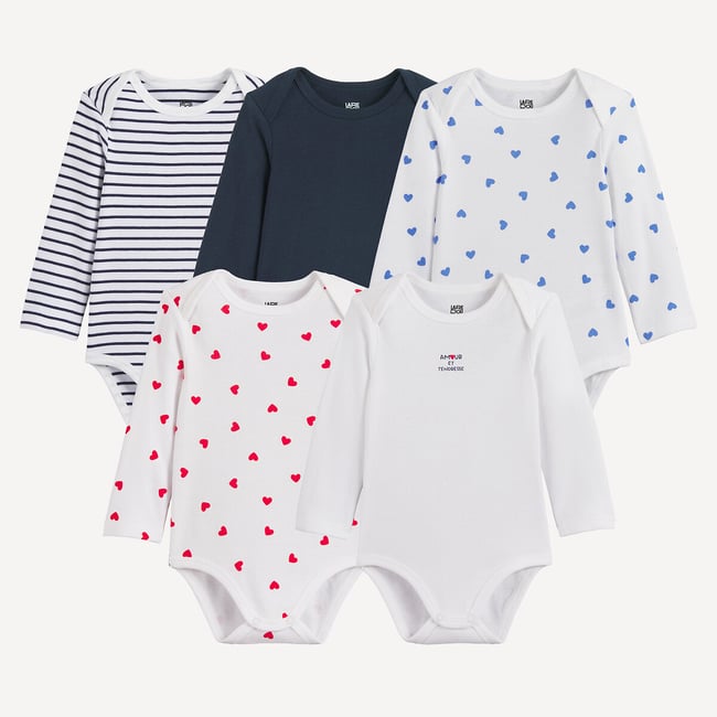 Pakke med 5 hjertemønstrede bomullsbodyer med lange ermer og skulderutskjæringer LA REDOUTE COLLECTIONS