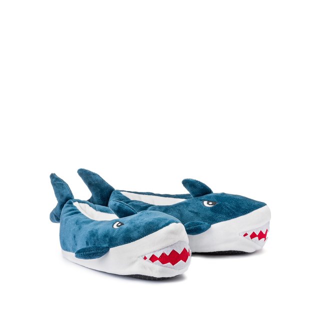 Pantufas quentinhas em pelinho, tubarão, modelo de enfiar azul verde <span itemprop=