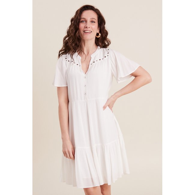 Robe évasée oeillets et clous ecru <span itemprop=