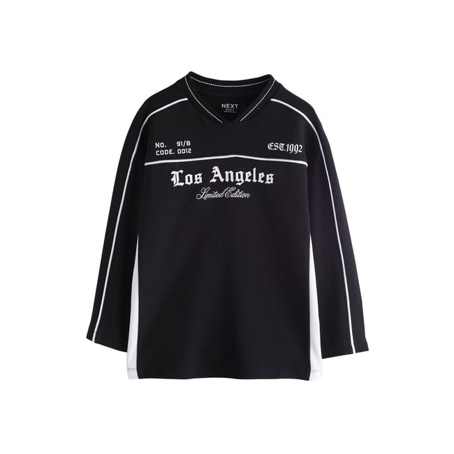 T-shirt manches longues imprimé veste universitaire noire et blanche <span itemprop=