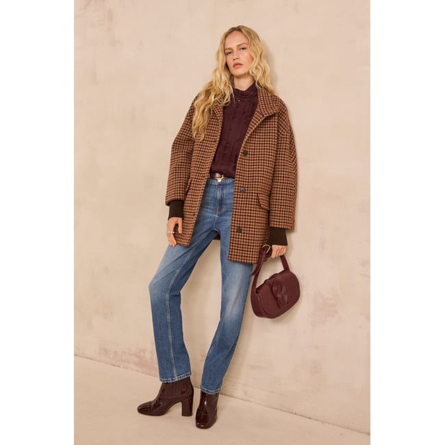 Manteau en laine mélangée motif pied-de-poule CELIA cannelle <span itemprop=