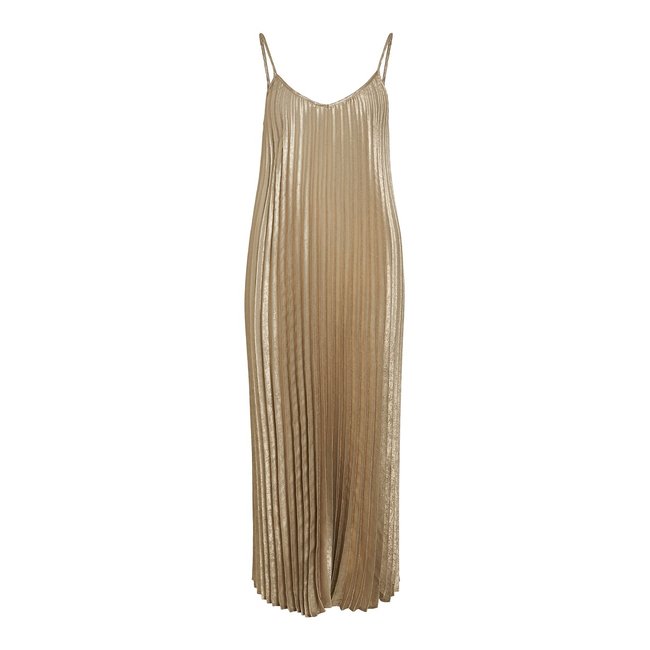 Vestido plissado iridescente com alças finas bege champanhe <span itemprop=