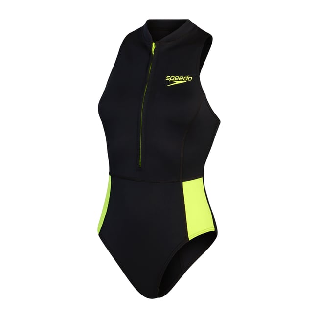 Maillot de bain 1 pièce sans manches à fermeture éclair avant motif/style blocs de couleurs noir / jaune <span itemprop=