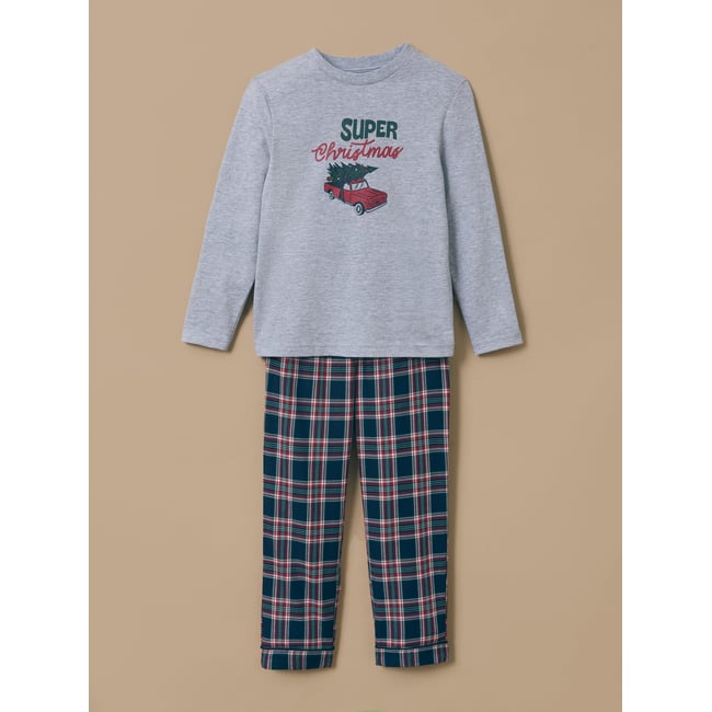 Pyjama imprimé Noël carreaux bleu/rouge <span itemprop=