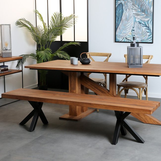 Banc de table chêne massif pieds croisés 200 cm OKA Couleur bois naturel <span itemprop=