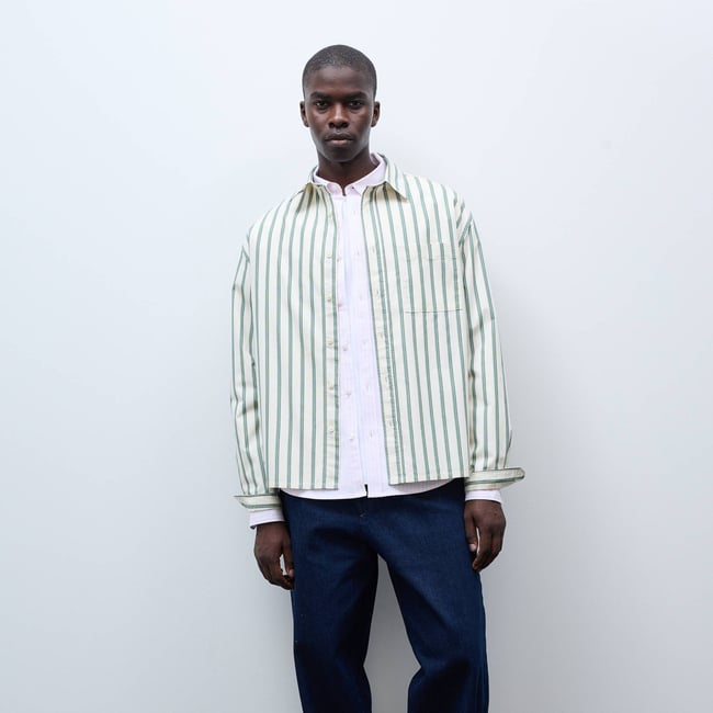 Chemise manches longues rayée en coton ecru <span itemprop=