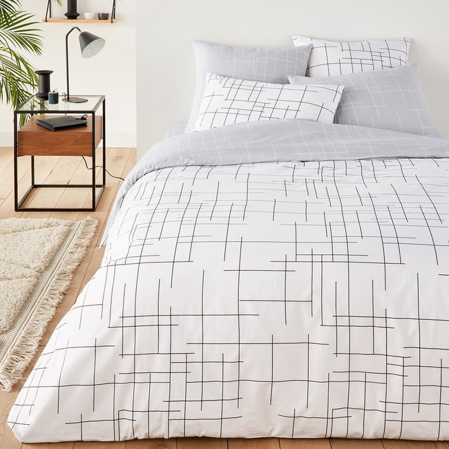 Housse de couette coton, Charline imprimé gris blanc <span itemprop=