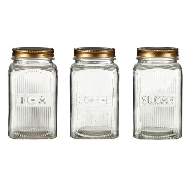 Set of 3 Embossed Glass Tea Coffee Sugar Jars with Gold Lids, gold-coloured, SO'HOME