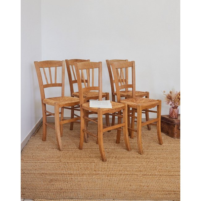 Lot de 5 chaises en paille Claude N°1283 - Bon état Couleur bois clair <span itemprop=