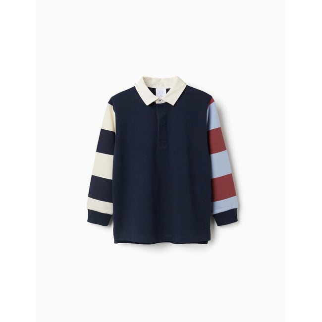 Polo en coton à manches longues à rayures bleu foncé <span itemprop=
