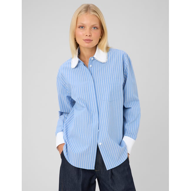 Chemise rayée perles bleu clair <span itemprop=